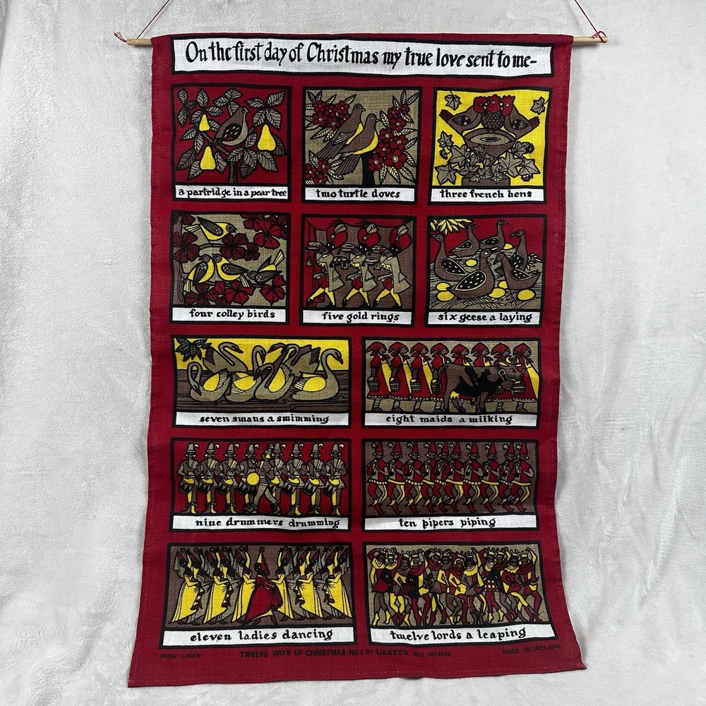 Vintage 12 Days Of Christmas 100% Pure Irish  Linen Wall Hanging Tapestry Ulster